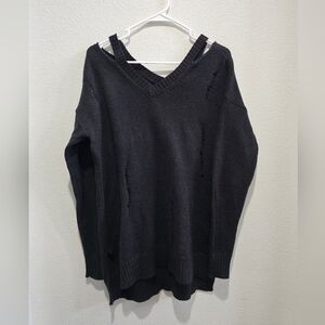 Arizona Black Distressed V-Neck Sweater with slit shoukders juniors  size large